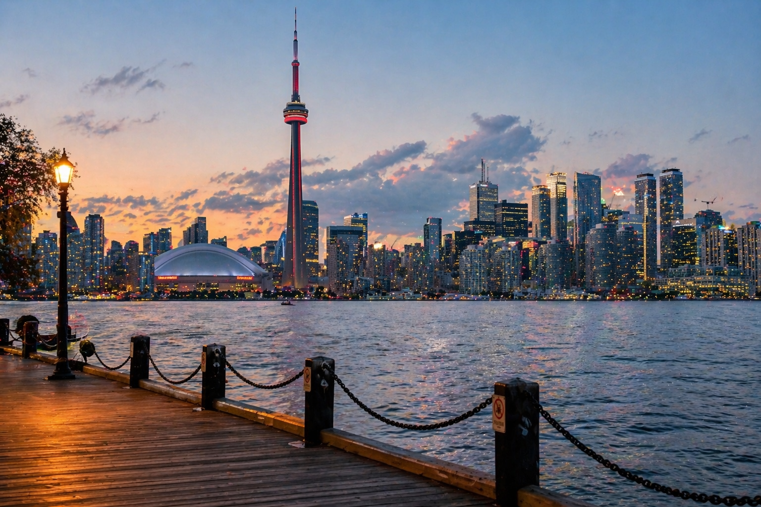 Toronto harbourfront skyline at sunset